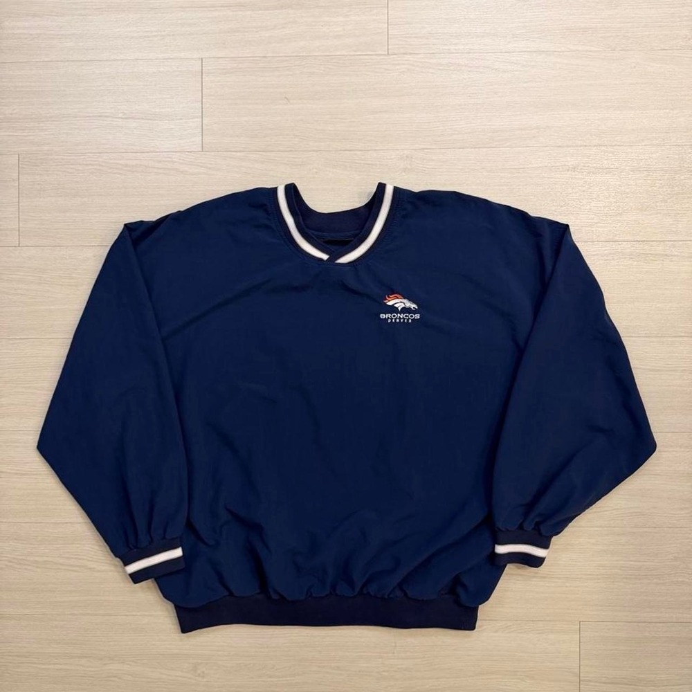 Vintage Denver Broncos Striped Collar Embroidered Navy Blue Pullover Windbreaker